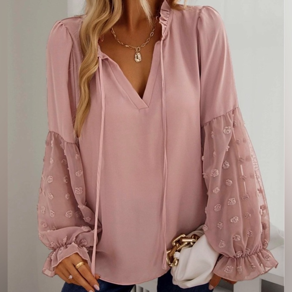 SHEIN Swiss Dot Frill Trim Blouse